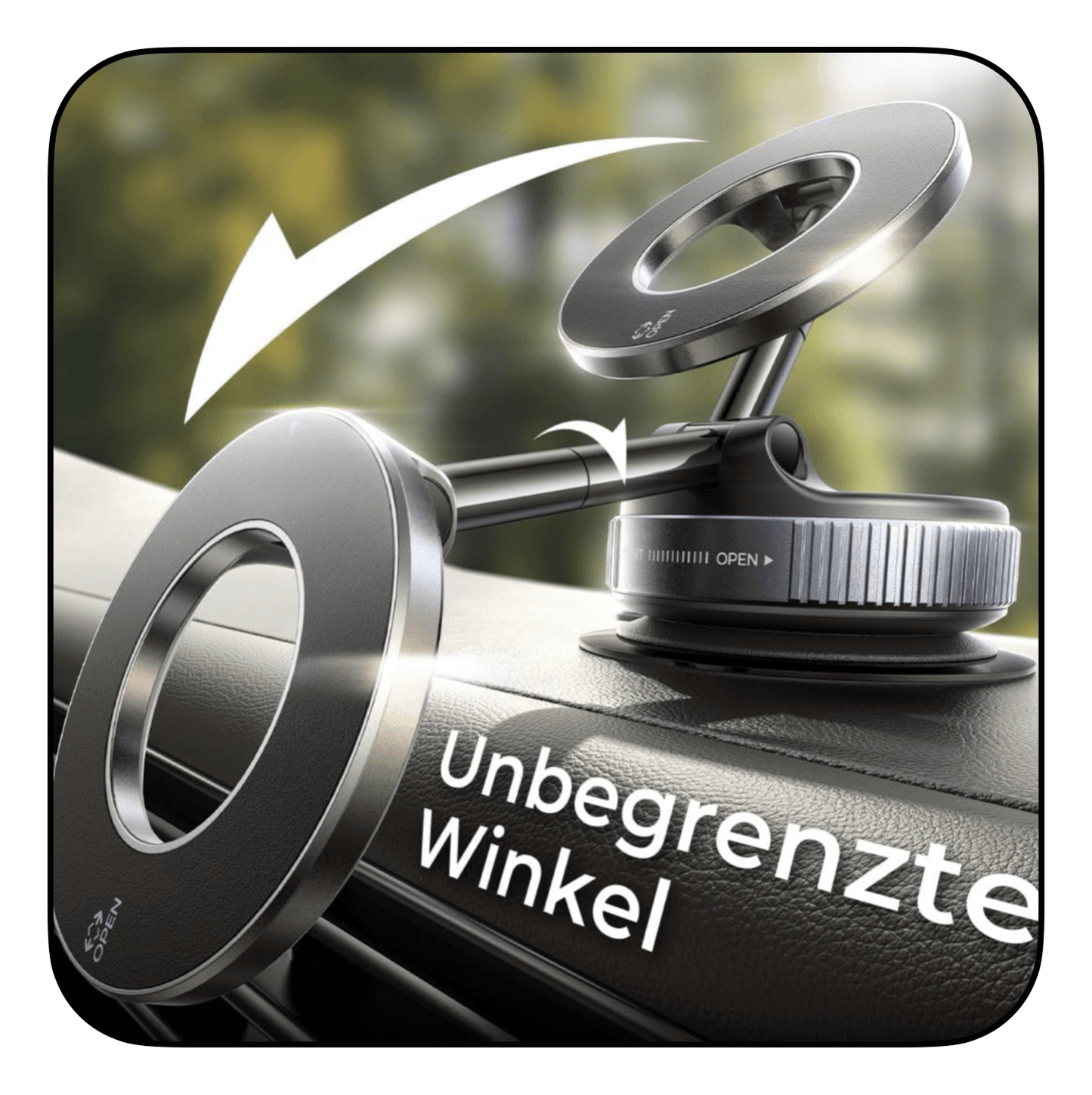 Vakuumsauger Magnethalterung mit 360° Drehfunktion für Handy, befestigt an Armaturenbrett. Magnetische faltbare Handyhalterung für Auto & Zuhause.