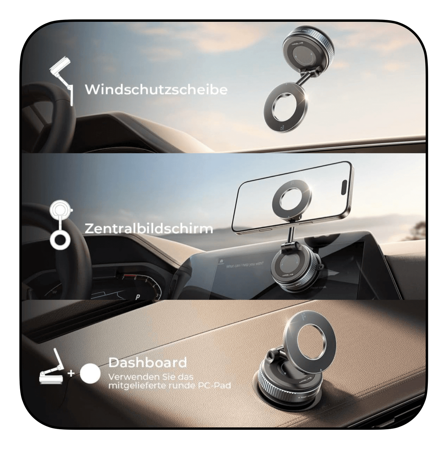 Vakuumsauger Magnethalterung netische Faltbare Handyhalterung für Windschutzscheibe, Zentralbildschirm und Dashboard mit 360° Drehfunktion.
